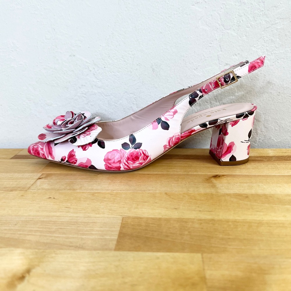Kate Spade Pink Rose Floral Slingback Block Heel Pumps 3D Flower Mercer Size‎ 6